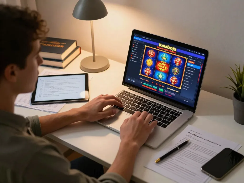 Engaging with kamboja slot game on a laptop while practicing bankroll management strategies.