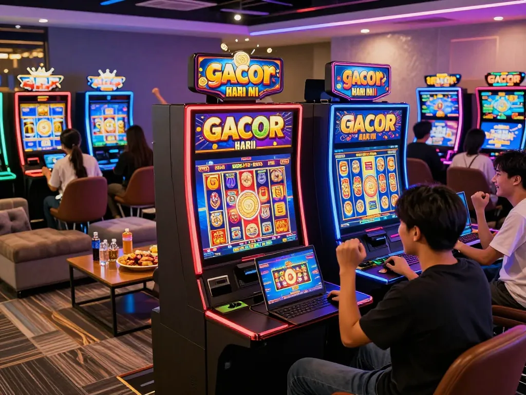 Engaging online gaming atmosphere with players enjoying slot gacor hari ini at a modern digital casino.