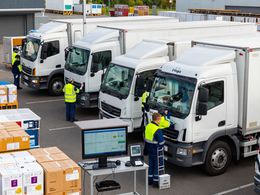 Frigo Transport in Dortmund: modernes Logistikzentrum mit thermokontrollierten Fahrzeugen und angestellten, die Waren verwalten.