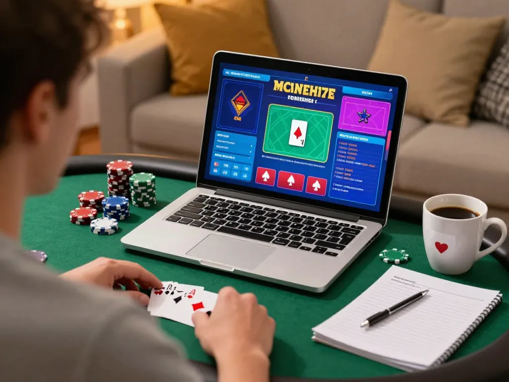 Player enjoying poker on 58win site in a cozy home setting with strategic notes.