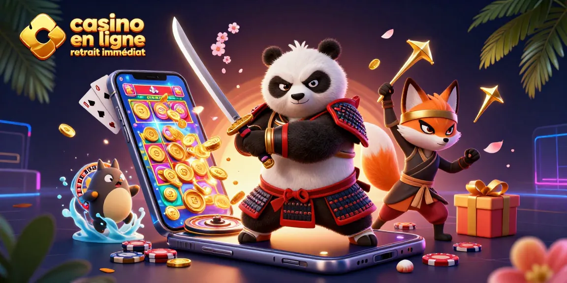 Jouez et gagnez avec casino en ligne retrait immédiat, illustré par un panda samouraï et un renard ninja.
