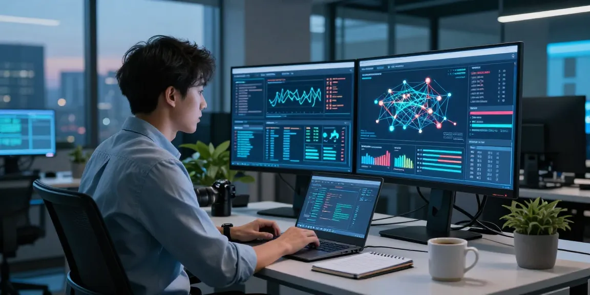 Cybersecurity analyst monitoring real-time data on https://shs-dome5.com/ security systems in a modern tech office.