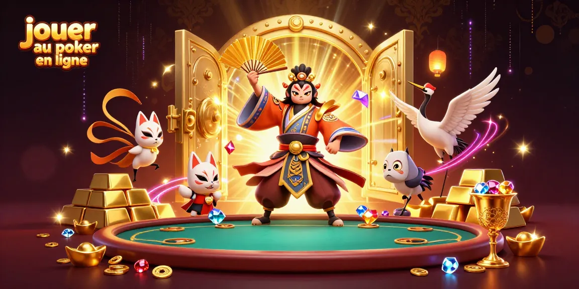 Jouer au poker en ligne avec un kabuki et un masque de kitsune entourés de richesses scintillantes.