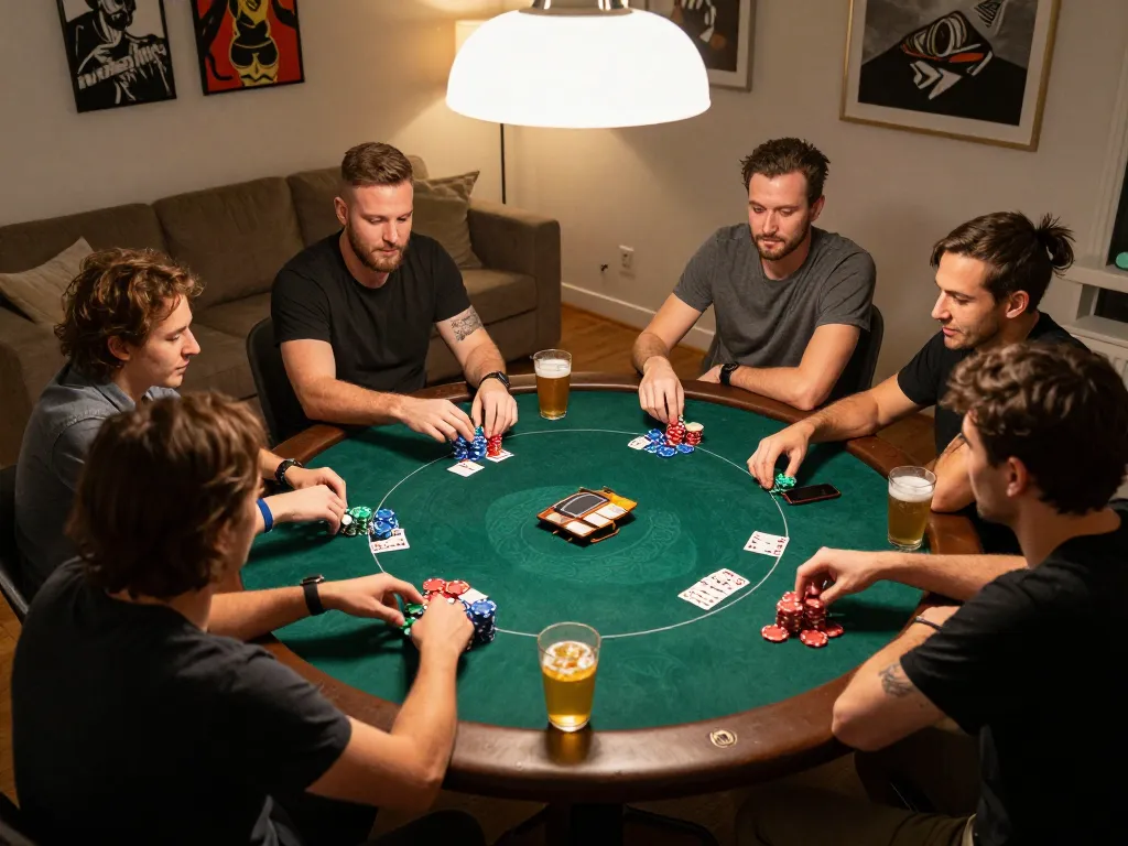 Friends enjoy a lively poker game at home while discussing hidden wiki dark web strategies.
