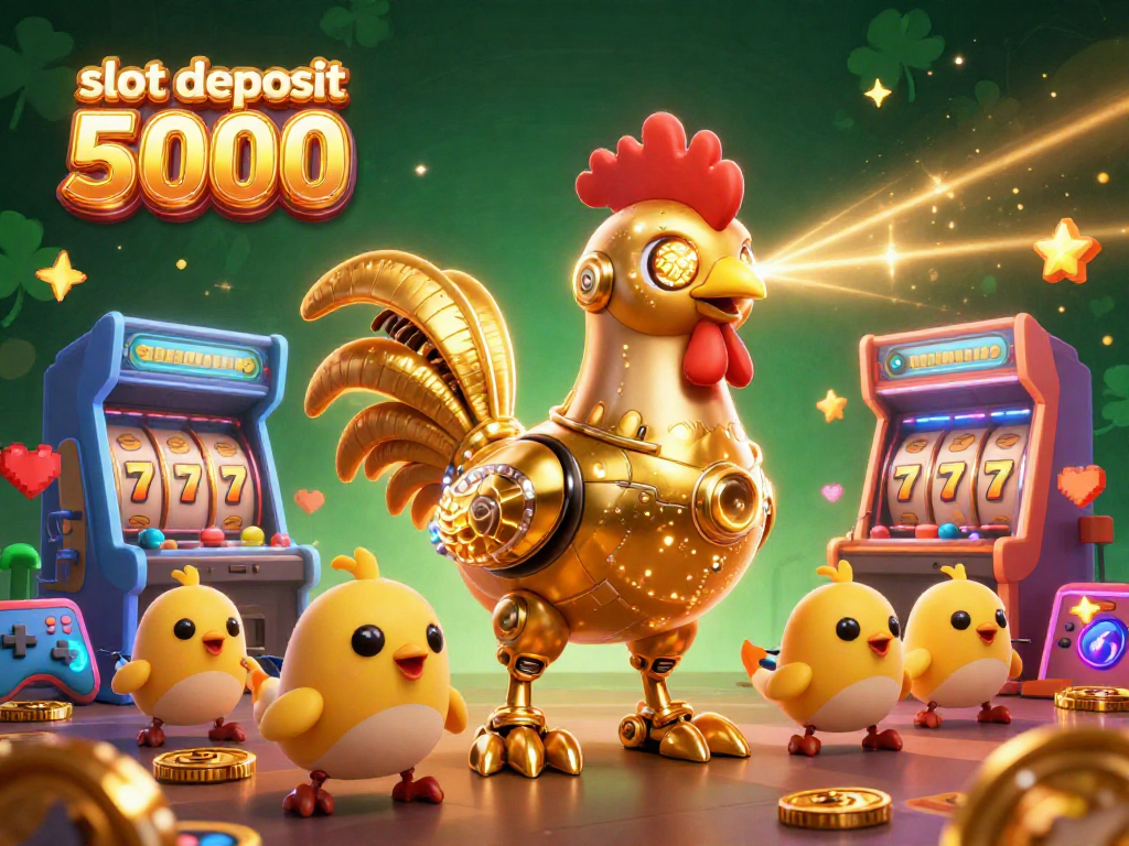 Engage in fun with slot deposit 5000, featuring vibrant 3D illustration of golden rooster robot and baby chick drones.