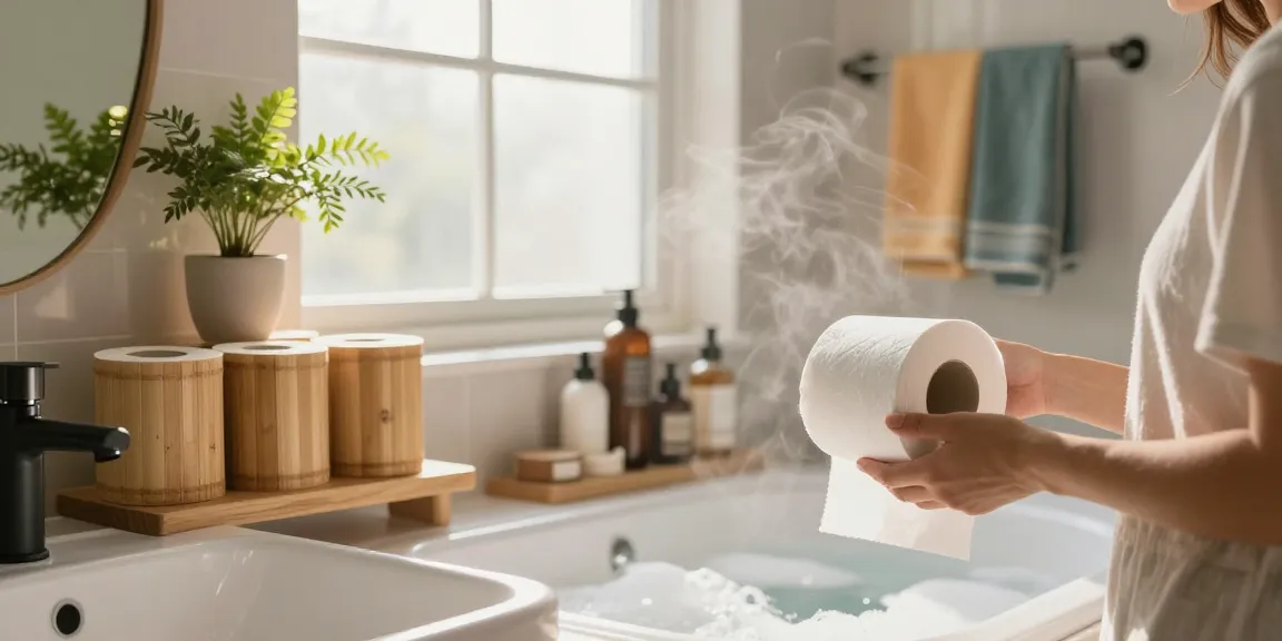 Bamboo toilet roll displayed in a modern eco-friendly bathroom setting, showcasing sustainable living.