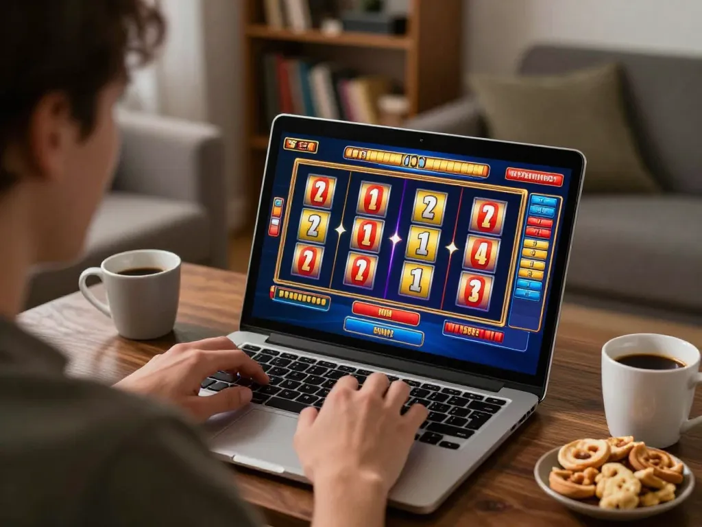 Engaging online slot gameplay on a laptop with vibrant graphics in a cozy setting.