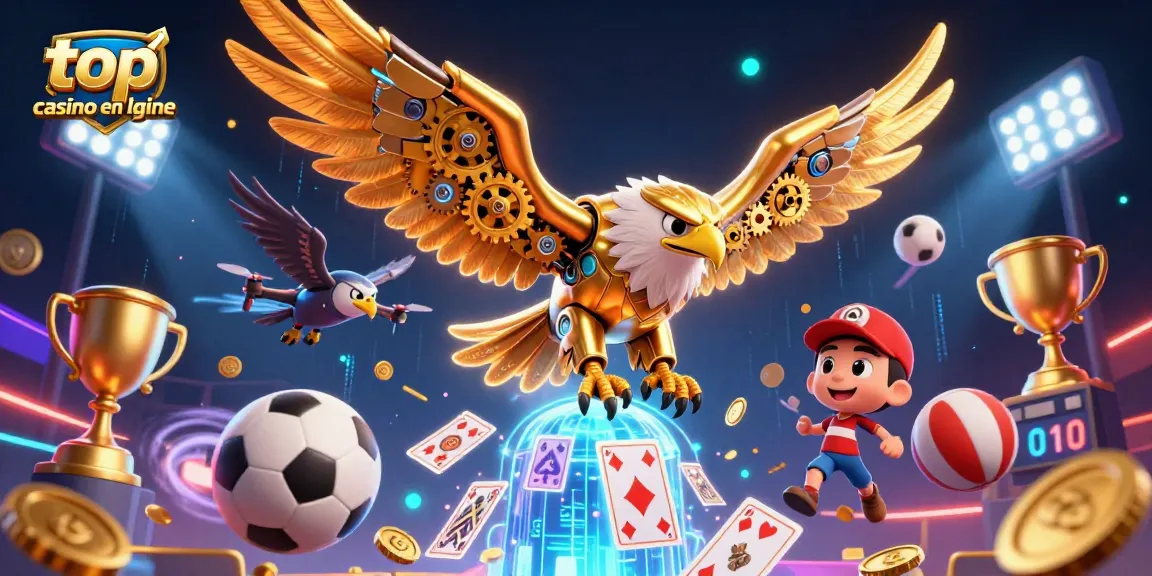 Plongez dans l'univers du top casino en ligne avec un aigle cybernétique doré au milieu des jeux, trophées et cartes.