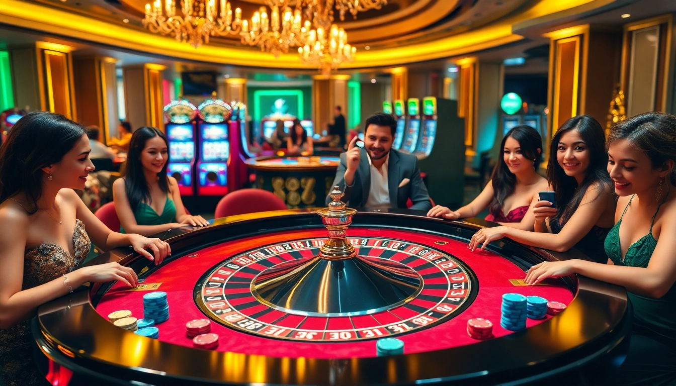 Des joueurs profitant de moments palpitants au meilleur casino en ligne, avec de la roulette et des jetons de poker.