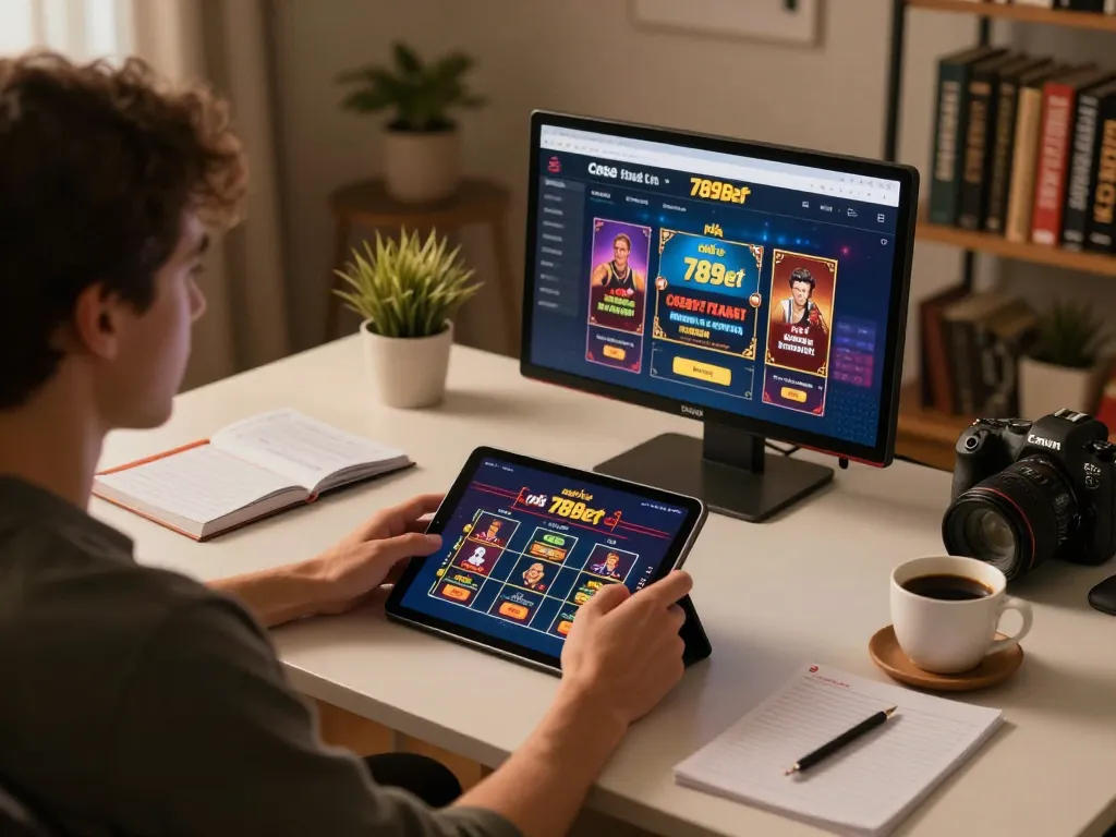 Engaged player using nhà cái 789bet on tablet, showcasing online gaming setup.