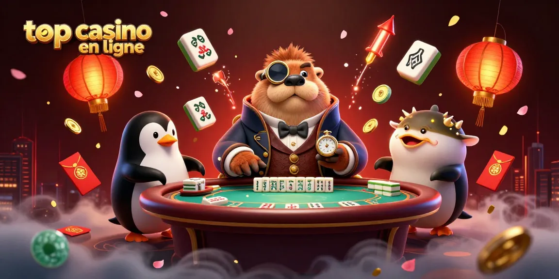 Découvrez le top casino en ligne entouré de personnages joyeux et d'éléments de jeu fascinants.