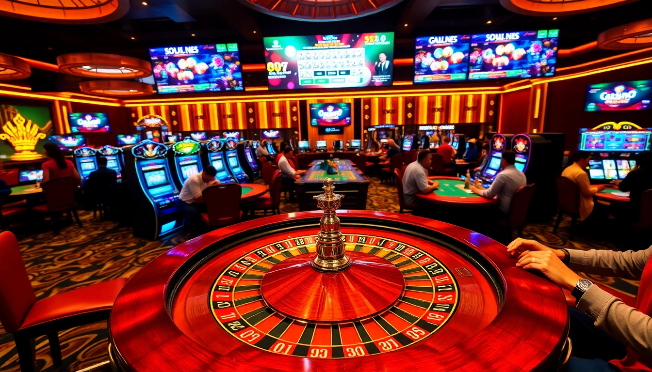 Scène de jeu passionnante aux meilleurs casinos en ligne avec une roue de roulette et des jetons de poker.