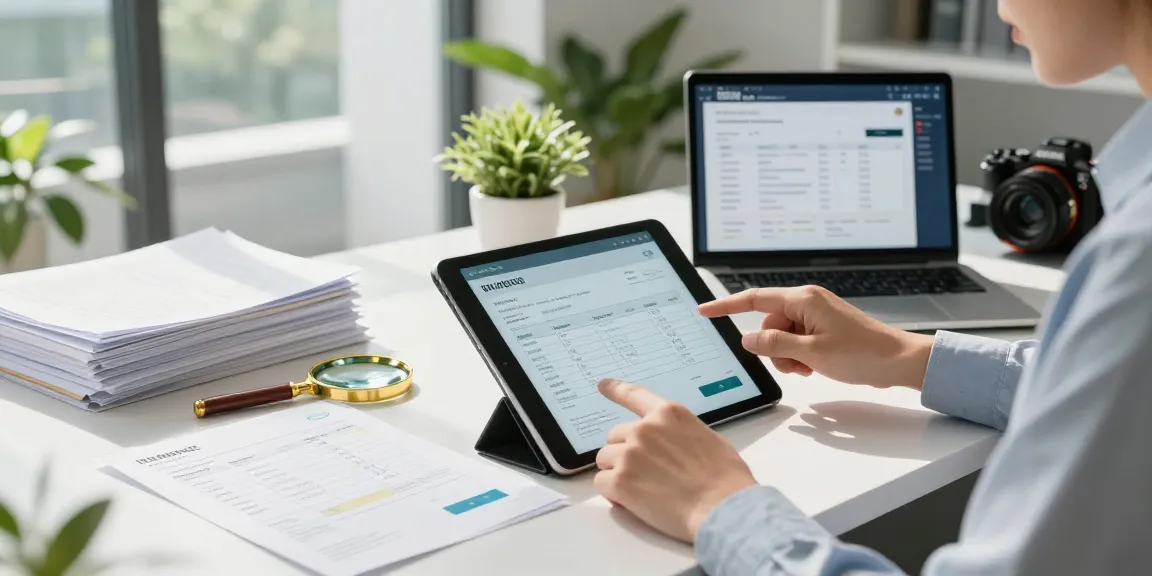 Expertly analyzing to detect fake invoice using advanced PDF verification tools in a modern office.
