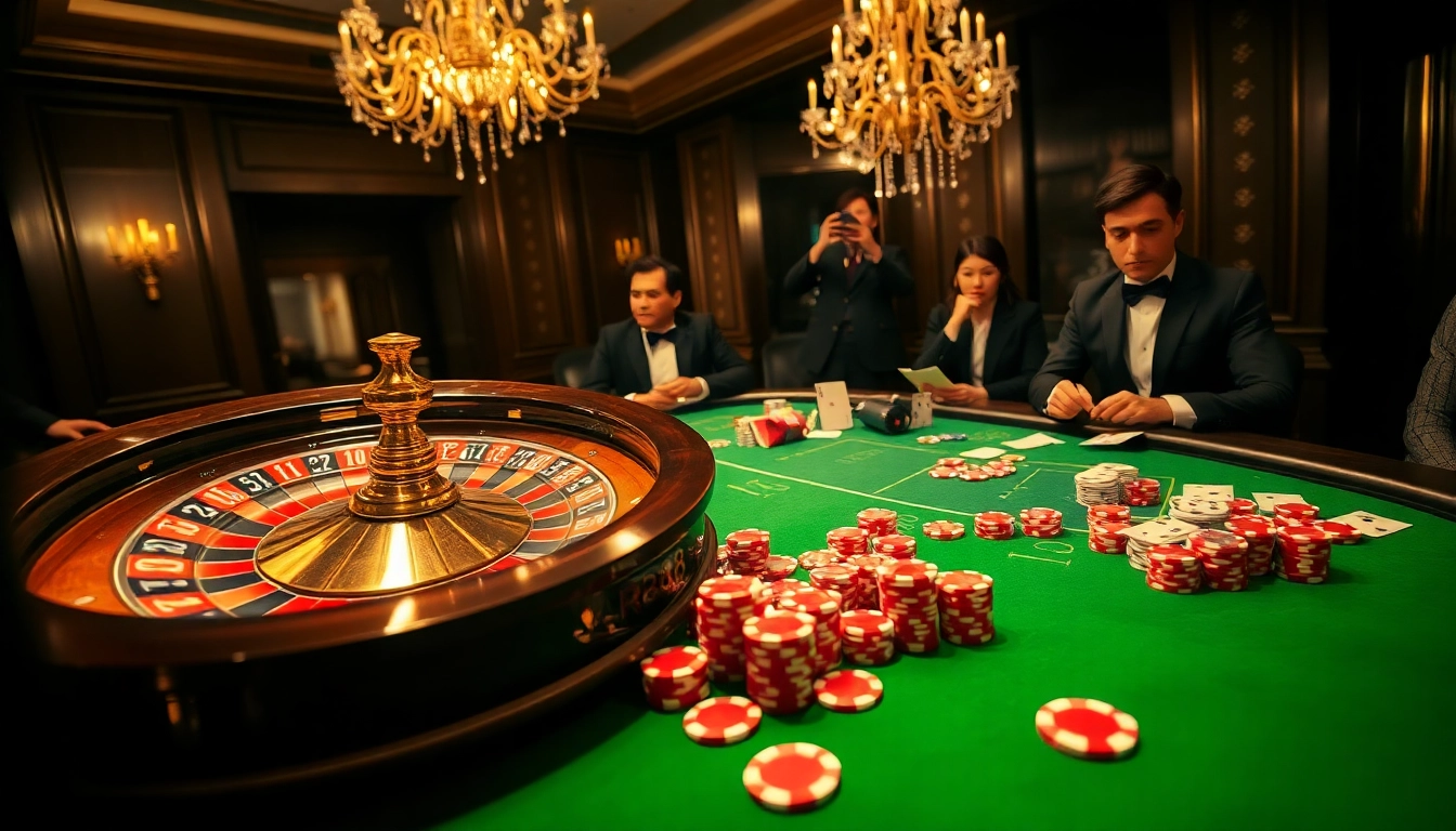 Experience the thrill of RR88 with an elegant casino scene showcasing roulette and poker chips.