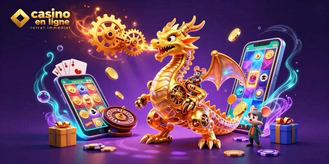 Découvrez un dragon doré dans un casino en ligne retrait immédiat, entouré de jeux et de pièces d'or.