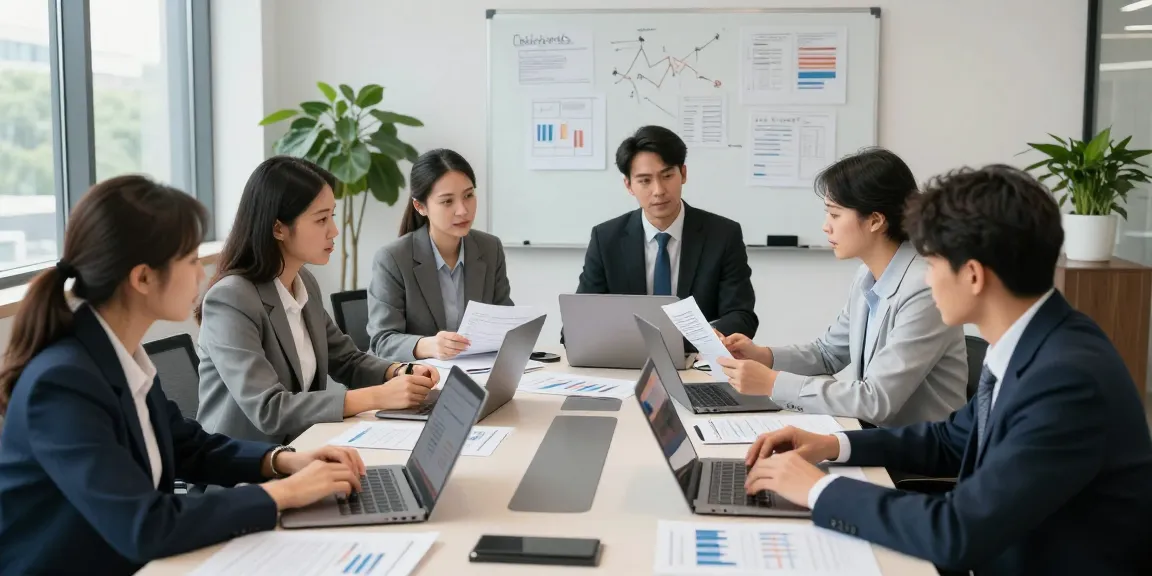 Tim audit forensik profesional di aafikotaserang.org berdiskusi dan bekerja sama dalam ruang konferensi modern.