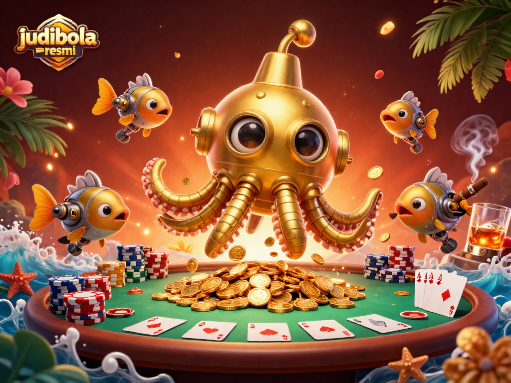 Engage with judibola-resmi's thrilling betting adventure featuring the golden kraken submarine amidst poker excitement.