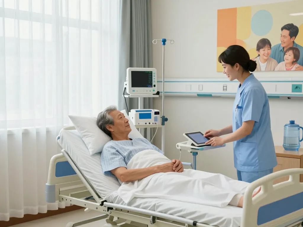Adjustable giường bệnh nhân in a hospital room, providing comfort for an elderly patient with a nurse adjusting controls.