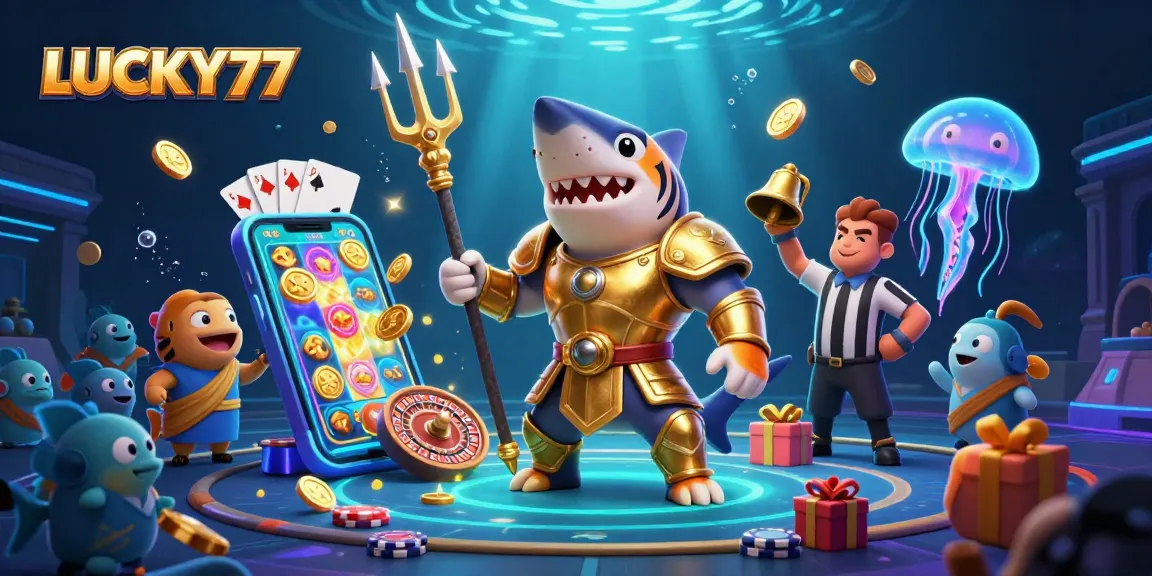 Engage in thrilling gameplay at LUCKY77 with a dynamic underwater casino scene featuring colorful slot games.