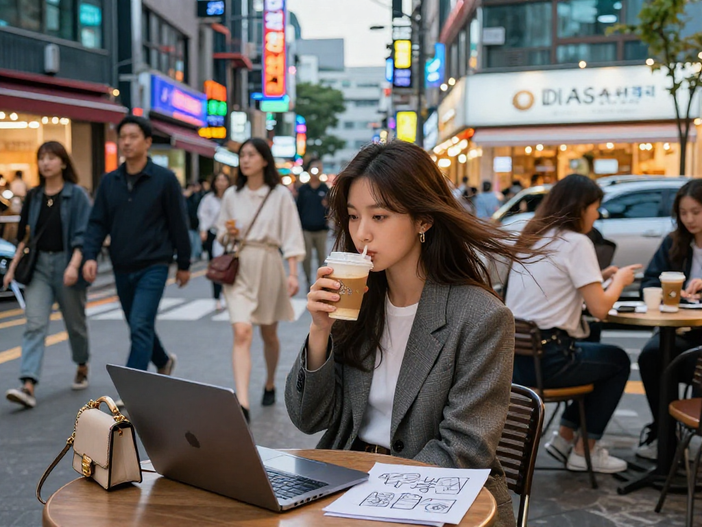 강남 달토와 함께하는 도심 카페에서 커피를 즐기는 패셔너블한 여성의 모습