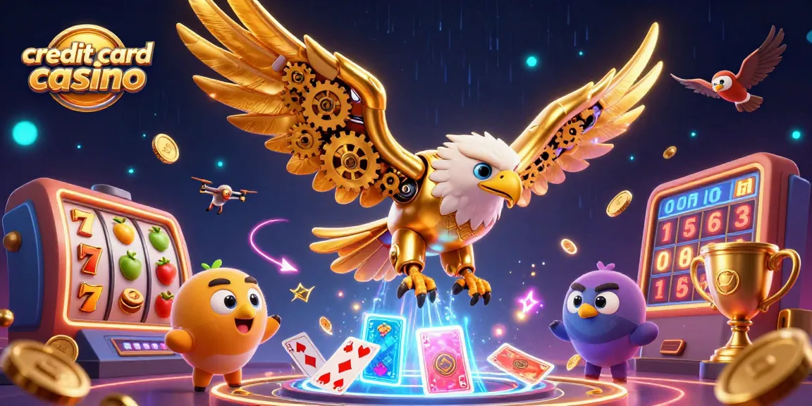 Engage with credit card casino thrills surrounded by dynamic slot elements, golden eagle in action.