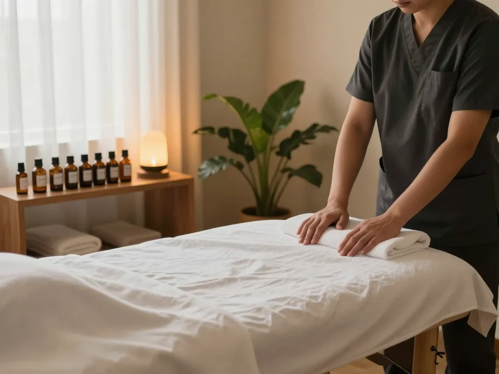 Massage therapy setup with serene decor and calming atmosphere.