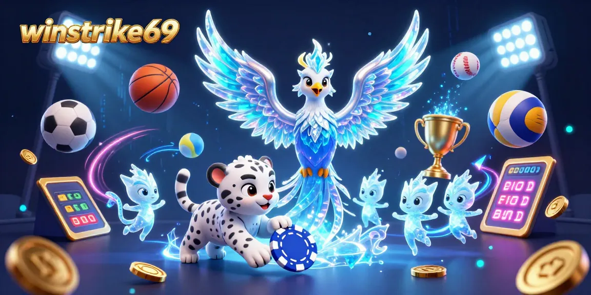 Winstrike69 host a vibrant scene with an ice phoenix, sports balls, and glowing elements attracting gamers.