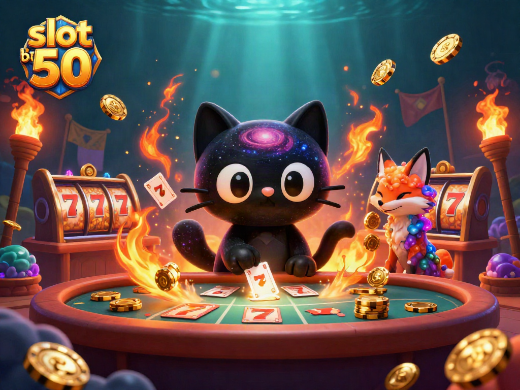 Experience slot bet 50 excitement with a cosmic cat and nebula fox at a vibrant casino