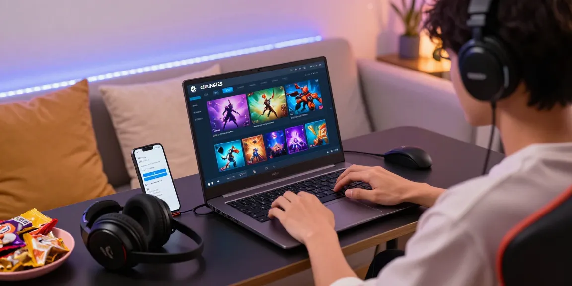 Pengguna menikmati permainan cipung138 di laptop dalam suasana nyaman dengan dekorasi gaming yang menarik.