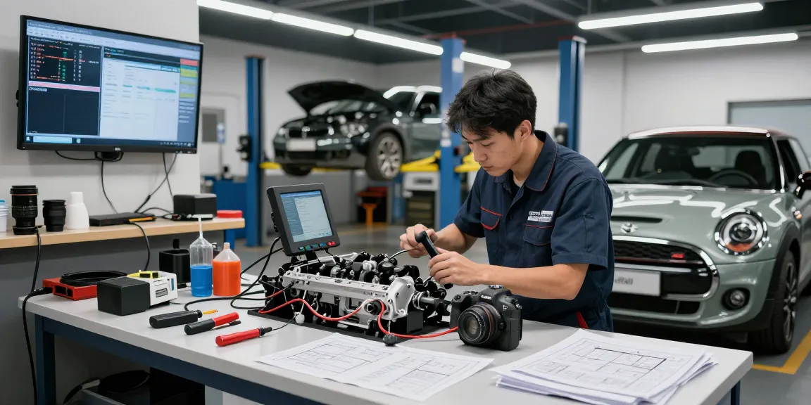 Chiptuning Hannover auf BMW-Motor in professioneller Werkstatt mit Mechaniker und Diagnosewerkzeugen.