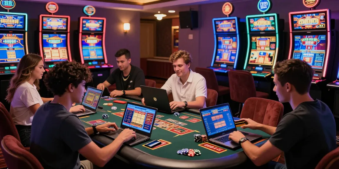 Engaged players exploring credit card casinos in a lively online gaming environment filled with excitement and vibrant decor.