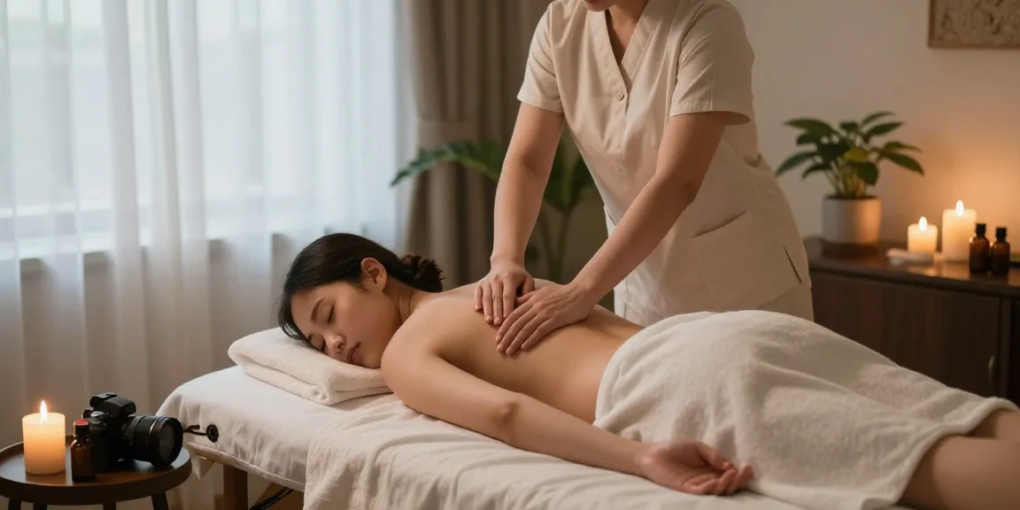 Massage therapy scene with a therapist providing a soothing 마사지 treatment in a serene spa.
