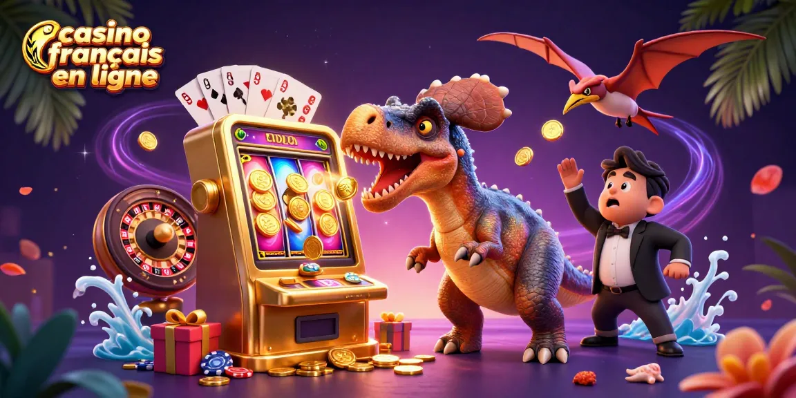 Illustration dynamique de casino français en ligne avec un pachycéphalosaur en train de frapper une machine à sous dorée.