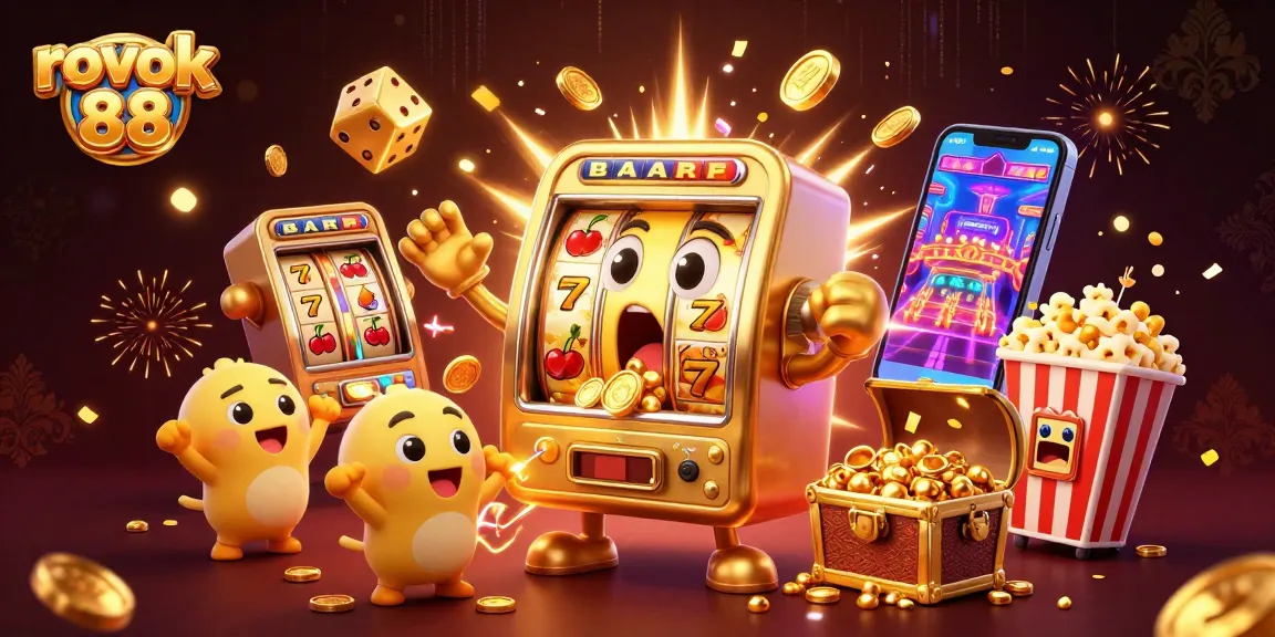 Experience excitement with rokok 88 as the animated slot machine hits its jackpot amid a joyful casino scene.