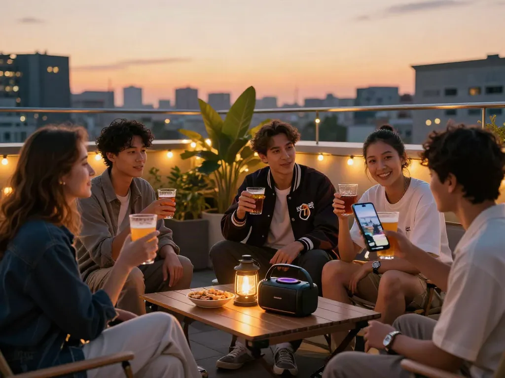 Friends enjoying a casual rooftop gathering wearing rokok88 accessories, vibrant city backdrop, sunset lighting.