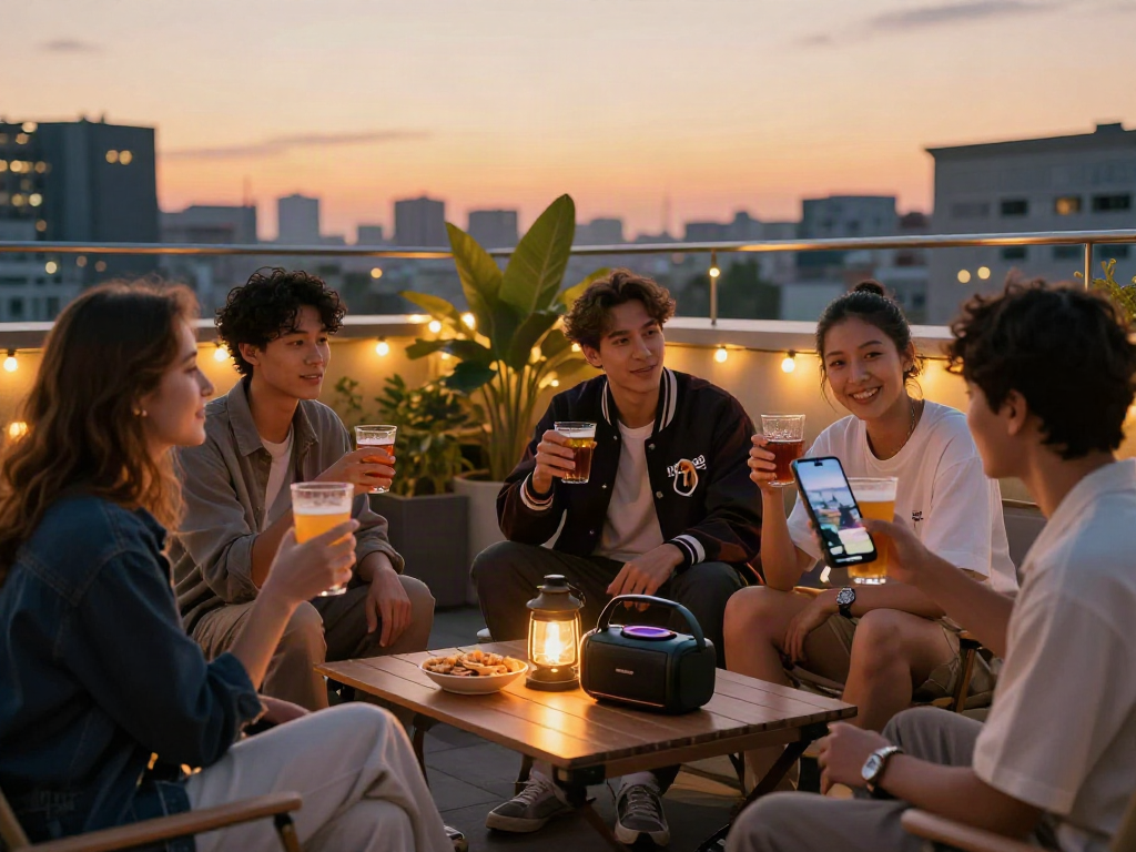 Friends enjoying a casual rooftop gathering wearing rokok88 accessories, vibrant city backdrop, sunset lighting.