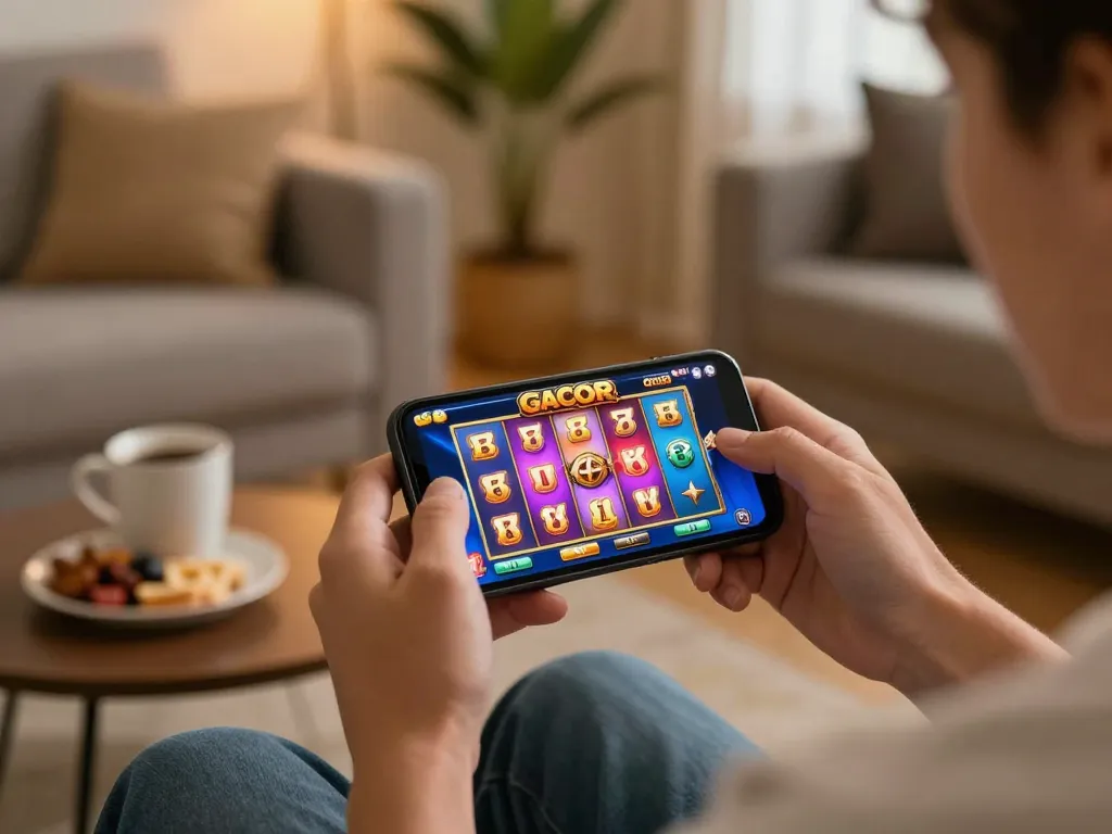 Player enjoying slot gacor gampang menang game on smartphone in cozy home environment