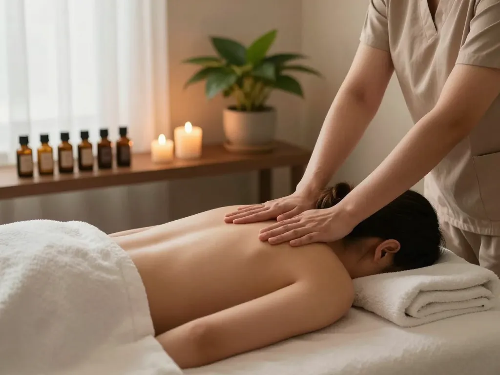 Massage therapy session with soothing ambiance, focusing on relaxation and wellness.