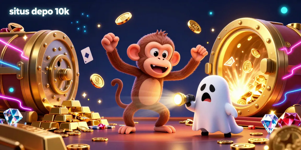 Join the excitement at situs depo 10k with playful casino characters surrounded by gold and treasures.