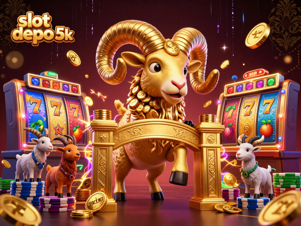 Spin big with slot depo 5k in this vibrant 3D casino scene featuring dynamic slot machine action.