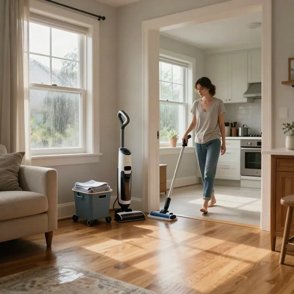 Rain-lit living room with cleaning tools, towels, and caddy opening into a bright kitchen.