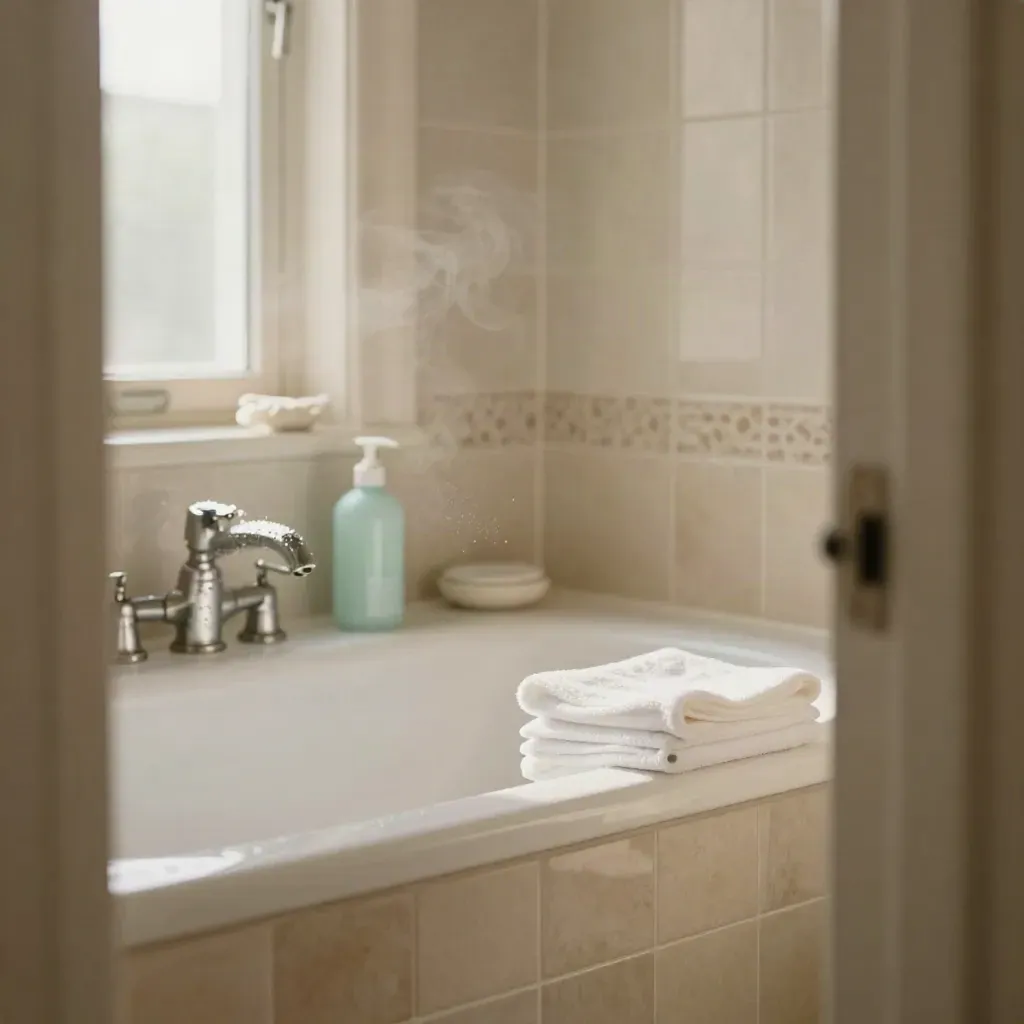 Bright cleaned bathroom with scrubbed grout, spotless tub rim, faucet and folded white cloths.