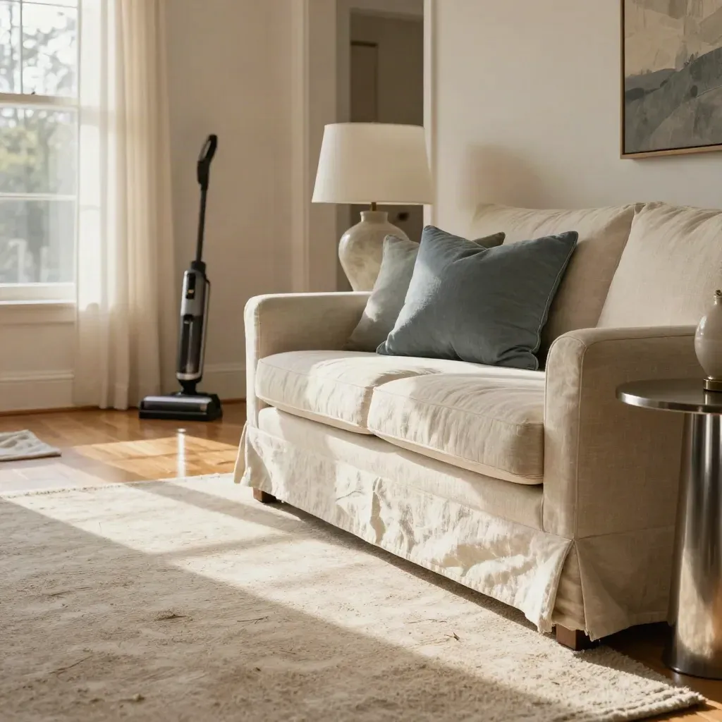 Sunlit family room with cleaned carpet, mopped hardwood, and a polished sofa zone.