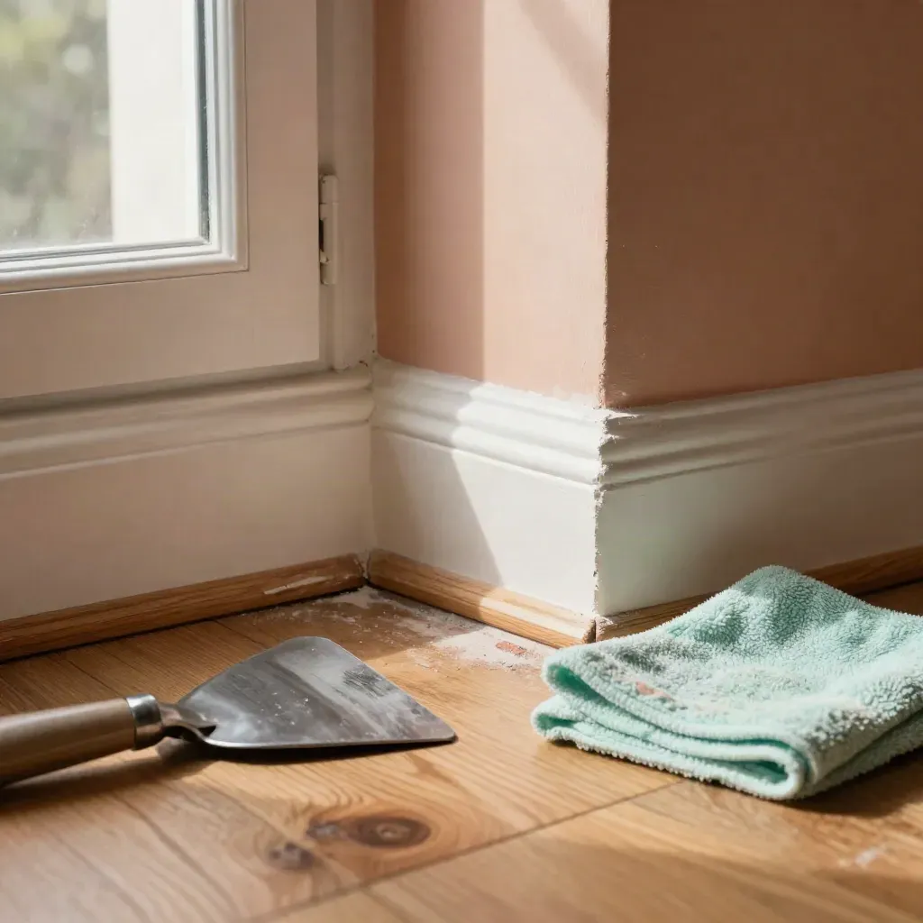 Macro of a renovated room corner with clean trim, floorboards, a scraper and mint cloth in sunlight
