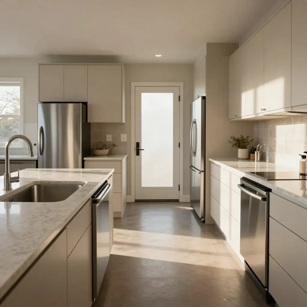 Empty rental kitchen cleaned for final walk-through, bright back door and polished finishes.