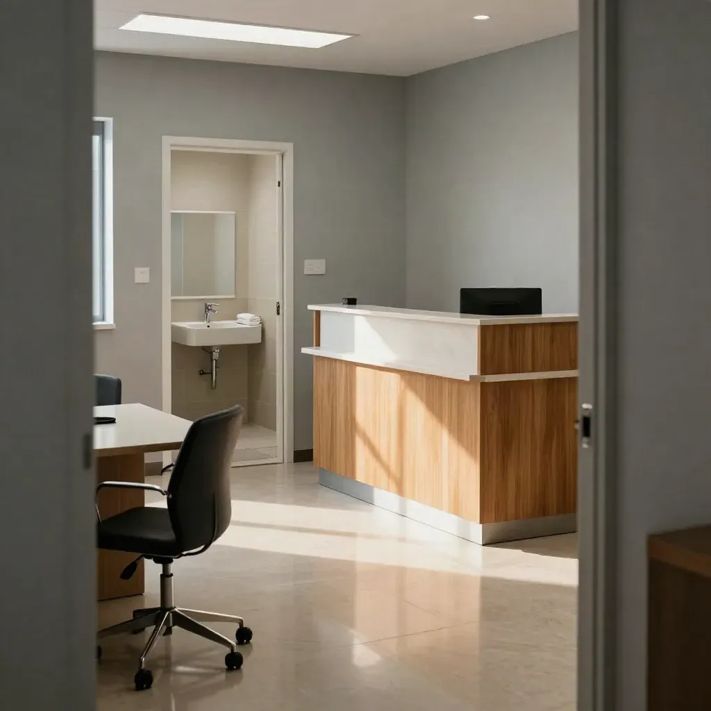 Cleaned office reception with bright floor reflections and tidy restrooms beyond the hall