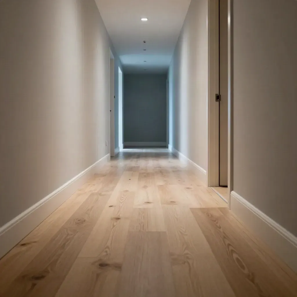 Finished hallway with clean trim, bright vents, wiped windowsills, and a spotless pale oak floor