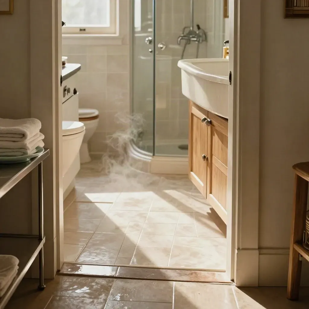 Deep-cleaned kitchen-to-bath threshold with gleaming tile, sink, shower, towels, and steam.