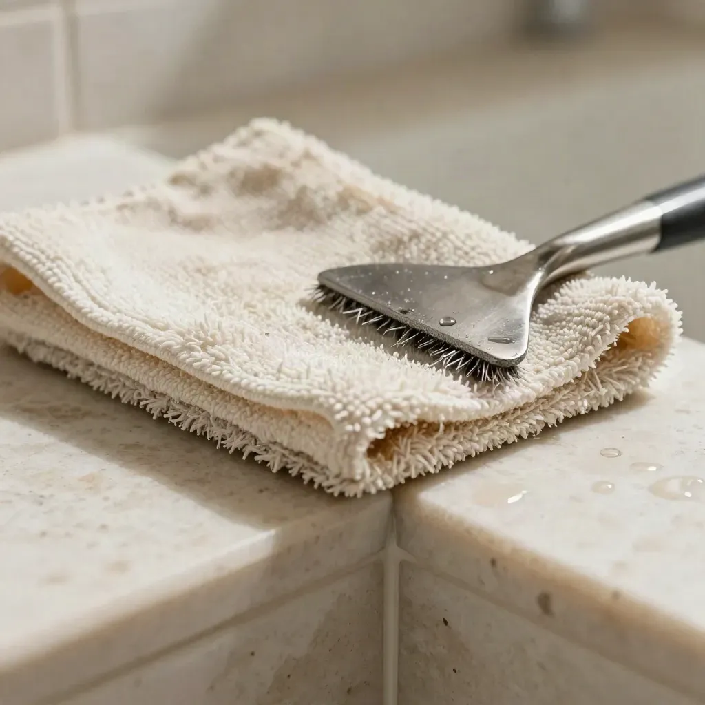 Macro of worn microfiber cloth, scrub brush bristles, and a grout pick on travertine