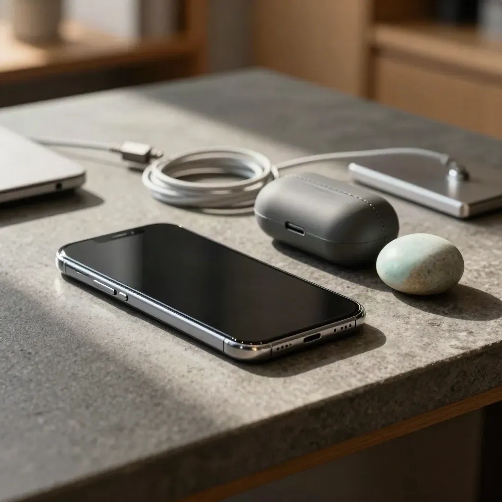Face-down phone, earpiece case and mint ceramic scheduler stone on a stone counter.